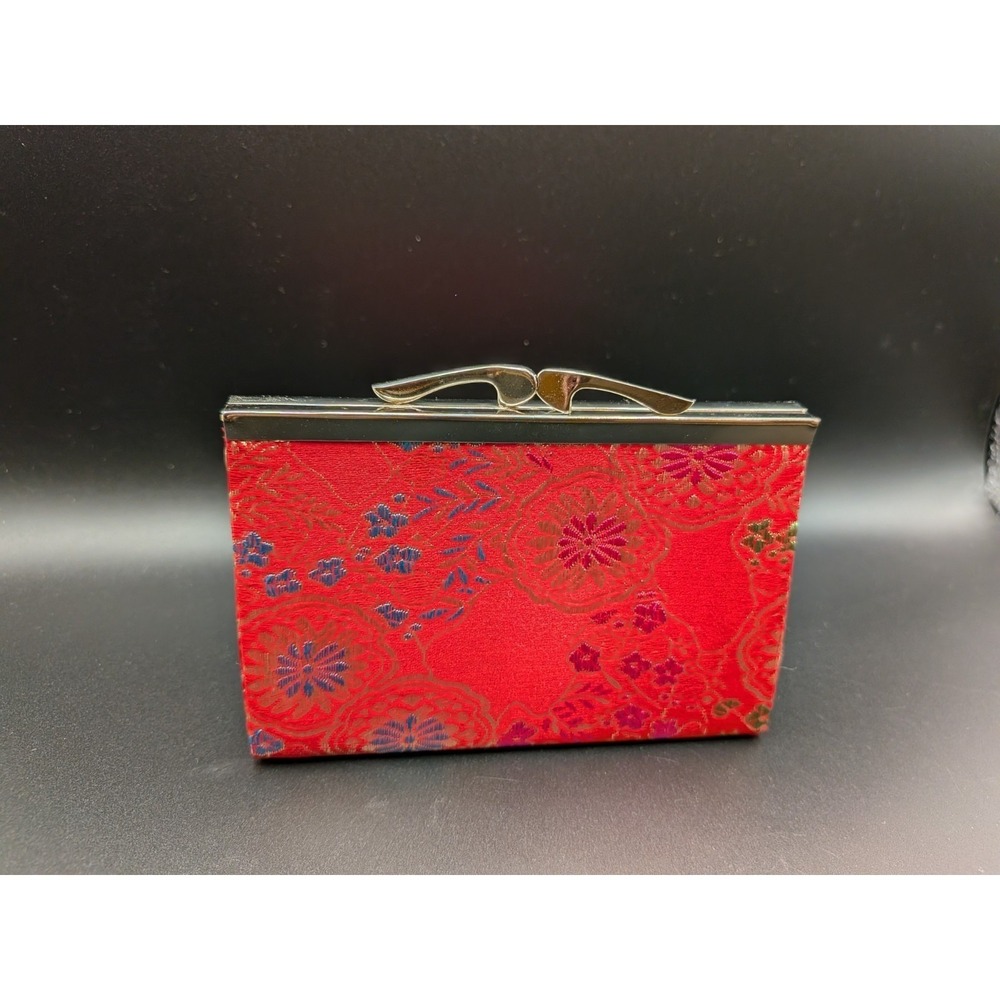 Red Silk Chinese Floral Embroidered Brocade Clutch Handbag Kissing Clasp Small - Picture 2 of 4
